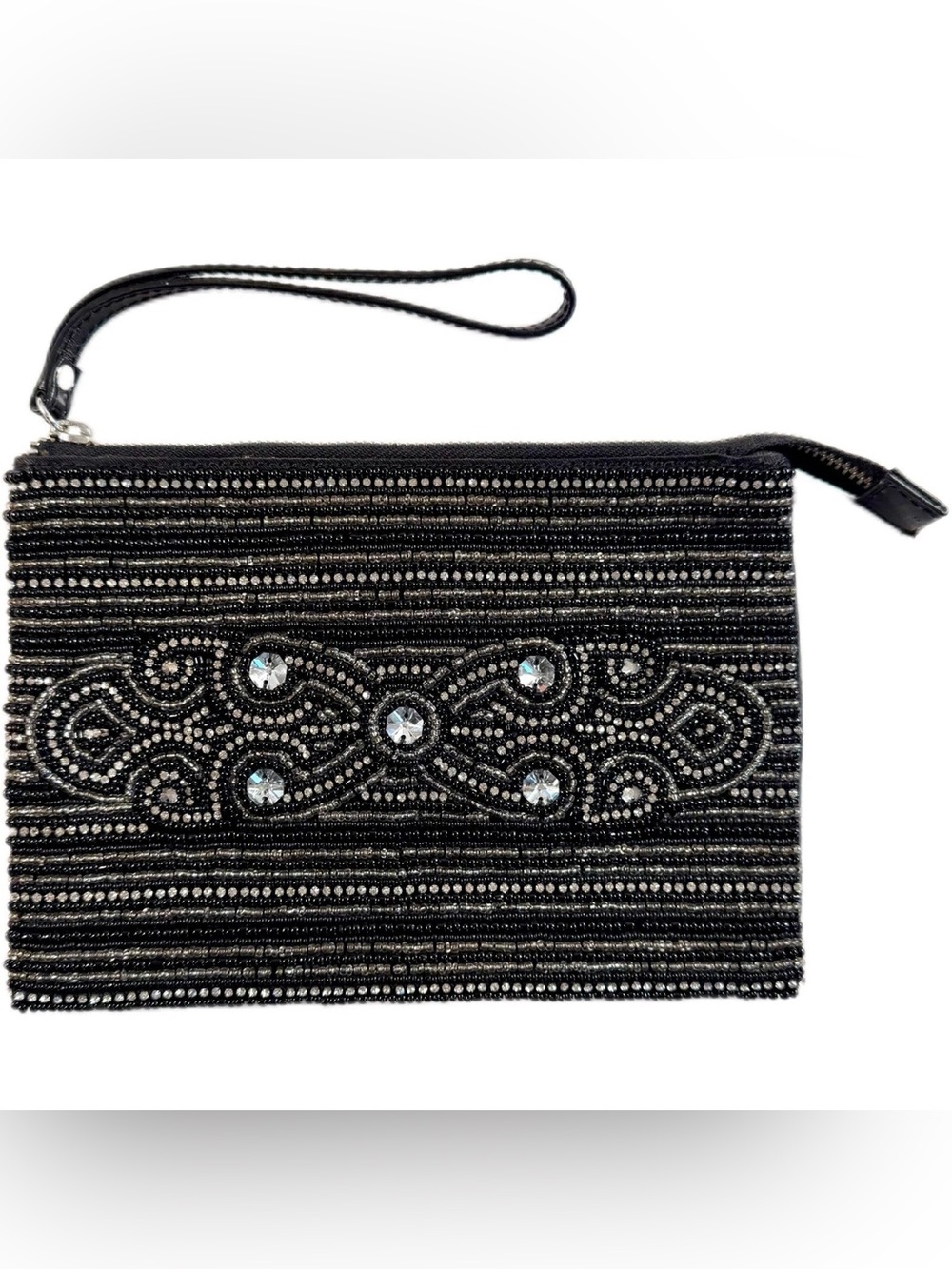 Black Beaded Wristlet Clutch with Crystal Embellishments